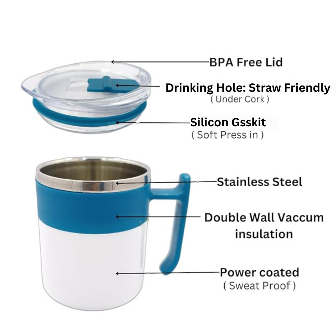 Coffee Mug with Sipper Lid Blue Stainless Steel Coffee Mug (300 ml)