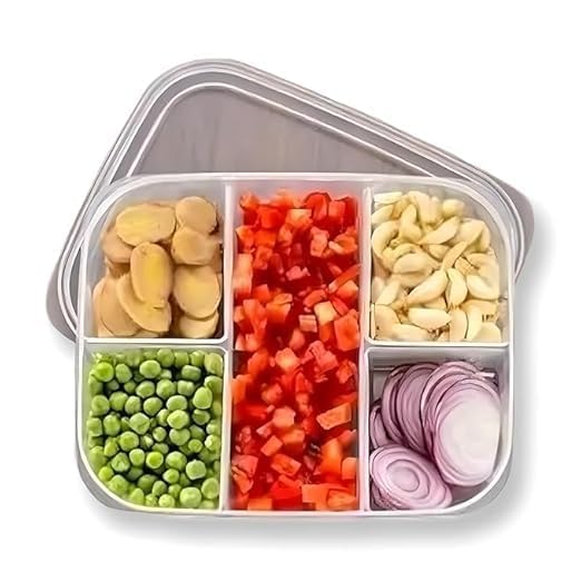 5 Compartment Fridge Storage Box  Clear Plastic Refrigerator Organizer with Removable Dividers for Fruits, Vegetables, Stackable & Space-Saving Food Storage Container BOX