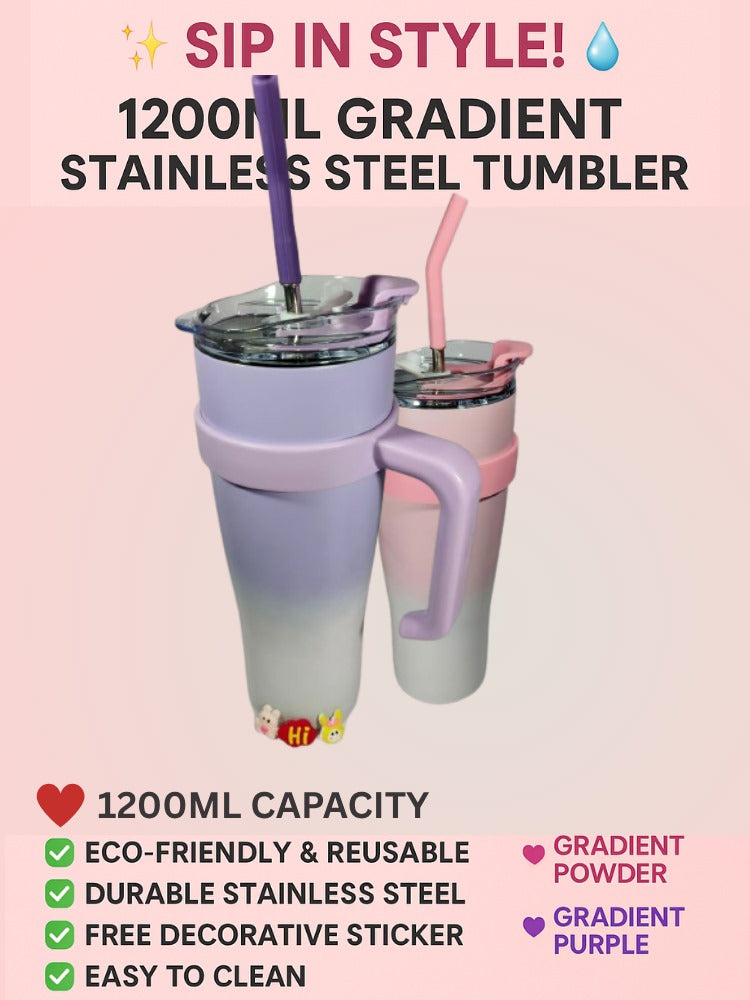 1200ml Gradient Stainless Steel Tumbler with Stainless Steel Straw & Sticker – Dual Color Options