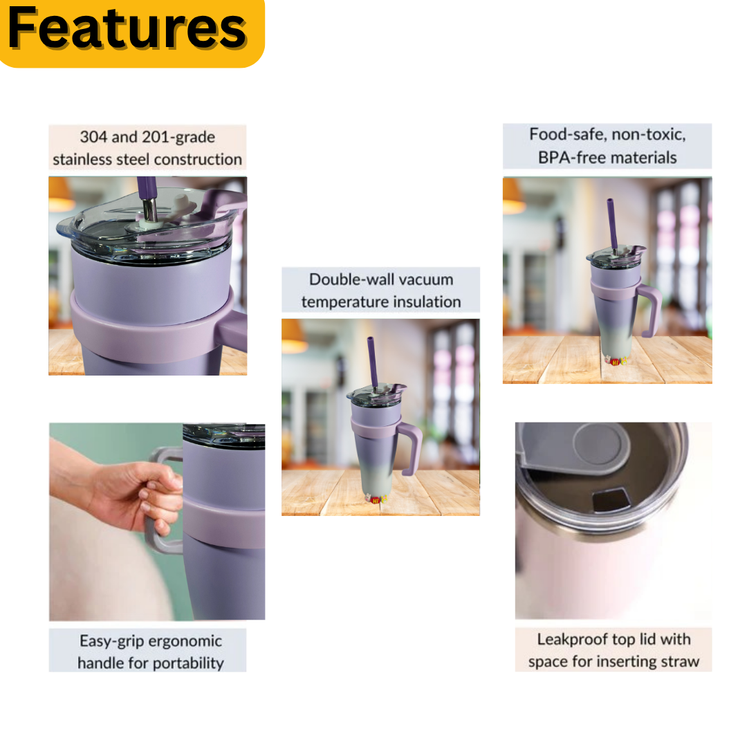1200ml Gradient Stainless Steel Tumbler with Stainless Steel Straw & Sticker – Dual Color Options
